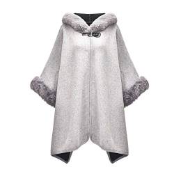 ZLYC Damen Winter Umhang Strickjacke Warm Kunstpelz Mäntel Poncho Cape mit Kapuze(Hell Grau) von ZLYC