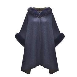 ZLYC Damen Winter Umhang Strickjacke Warm Kunstpelz Mäntel Poncho Cape mit Kapuze(Navy) von ZLYC