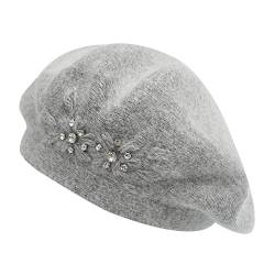 ZLYC Damen Wolle Baskenmütze Klassische Französischen Barett Warm Beret Mütze(Blumen Grau) von ZLYC