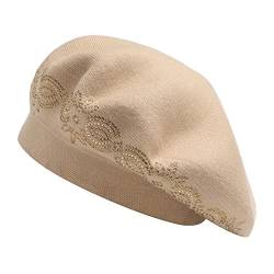 ZLYC Damen Wolle Baskenmütze Klassische Französischen Barett Warm Beret Mütze(Strasssteine Beige) von ZLYC