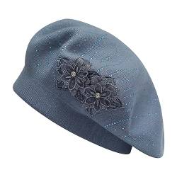 ZLYC Damen Wolle Baskenmütze Klassische Französischen Barett Warm Beret Mütze(Zwei Blumen Dunstblau) von ZLYC