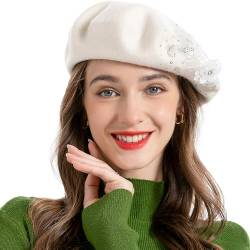 ZLYC Damen Wolle Baskenmütze Klassische Französischen Barett Warm Beret Mütze (Blume Weiß),Einheitsgröße von ZLYC