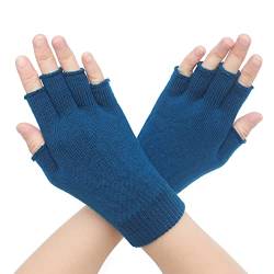 ZLYC Damen Wolle Halbfinger Handschuhe Winter Stricken Fingerlose Handschuhe(Einfarbig Blau) von ZLYC