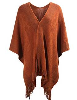 ZLYC Damen schal goldene Trim Knit-kuscheldecke Fringe Poncho-Mantel Strickjacke (Karamell),Einheitsgröße von ZLYC