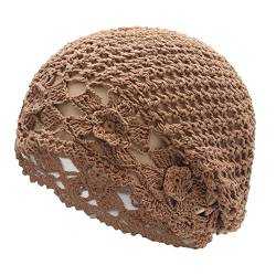 ZLYC Frauen Baumwolle Häkeln Slouchy Beanie Hut Handgemachte Strick Ausschnitt Sommer Floral Schädel Kappe, Blumen Tan, Einheitsgröße von ZLYC