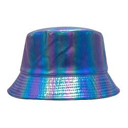 ZLYC Unisex Fashion Bucket Hat PU-Leder Regenhut wasserdicht Fischerhüte(Holografisches Marineblau) von ZLYC