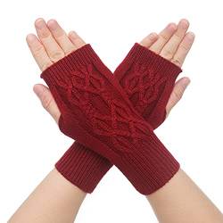 ZLYC Winter Wolle Halbfinger Handschuhe Stricken Fingerlose Armwärmer (Burgunderrot gehäkelt) von ZLYC