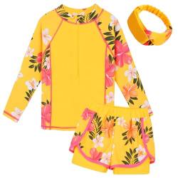 ZNYUNE Mädchen 2-Teilige Badebekleidung Kinder Zweiteiliger Schwimmanzug Stoffdruck Badeanzug Lange Ärmel + Rock-Shorts S421 YellowFlower 14A von ZNYUNE