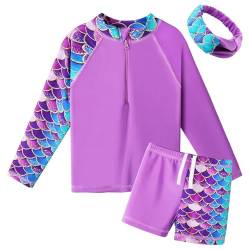 ZNYUNE Mädchen 2-Teilige Badebekleidung Kinder Zweiteiliger Schwimmanzug Stoffdruck Badeanzug Lange Ärmel + Rock-Shorts S443 PurpleScale 12A von ZNYUNE