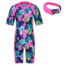 ZNYUNE Mädchen Einteiler Kurzärm Badeanzug Stoffdruck Kinder Schwimmanzug +Haarreif S419 NavyFlower 8A von ZNYUNE