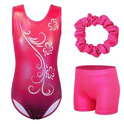 ZNYUNE Mädchen Turnanzug mit Hose Haarband Set Gymnastikanzug Kinder Shorts Trikot Turnen Ärmellos/Langarm Kleidung klassisch Turnbody B275 Rose 6A von ZNYUNE