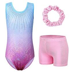 ZNYUNE Mädchen Turnanzug mit hose Haarband Set gymnastikanzug Kinder Shorts trikot turnen Ärmellos/Langarm Kleidung klassisch Turnbody B258 BluePink 10A von ZNYUNE