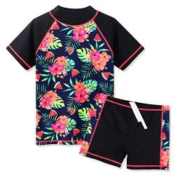 ZNYUNE Mädchen Zweiteiliger Badeanzug Stoffdruck Kinder Schwimmanzug Badehose Badebekleidung UV-Schutz 50+ Badeset Rash Guards Bademode S324 BlackFlower 12A von ZNYUNE