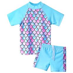 ZNYUNE Mädchen Zweiteiliger Badeanzug Stoffdruck Kinder Schwimmanzug Badehose Badebekleidung UV-Schutz 50+ Badeset Rash Guards Bademode S366 ScaleBlue 4A von ZNYUNE