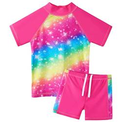 ZNYUNE Mädchen Zweiteiliger Badeanzug Stoffdruck Kinder Schwimmanzug Badehose Badebekleidung UV-Schutz 50+ Badeset Rash Guards Bademode S399 Rainbow 12A von ZNYUNE