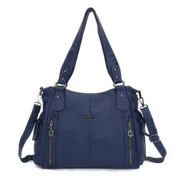 ZOCAI AngelKiss Handtasche Damen Schultertasche Multifunktionale Umhängetaschen Gewaschenes Veganes Leder Wasserdicht mit Reißver Schlusstaschen Reißverschlusstasche (Blau 2) von ZOCAI