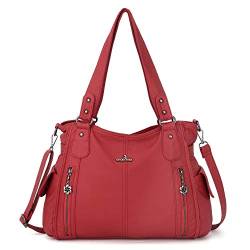 ZOCAI AngelKiss Handtasche Damen Schultertasche Multifunktionale Umhängetaschen Gewaschenes Veganes Leder Wasserdicht mit Reißver Schlusstaschen Reißverschlusstasche (Rot) von ZOCAI
