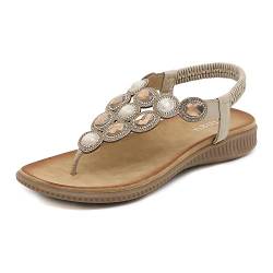 ZOEASHLEY Sandalen Damen Strass Flache Sandaletten Sommer Offene Zehe Zehentrenner Bohemian Flip Flops Beige27 42 EU von ZOEASHLEY