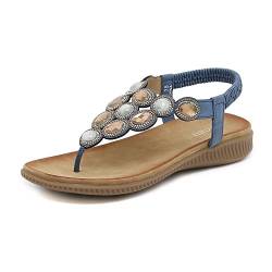 ZOEASHLEY Sandalen Damen Strass Flache Sandaletten Sommer Offene Zehe Zehentrenner Bohemian Flip Flops Blau27 39 EU von ZOEASHLEY