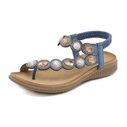 ZOEASHLEY Sandalen Damen Strass Flache Sandaletten Sommer Offene Zehe Zehentrenner Bohemian Flip Flops Blau28 37 EU von ZOEASHLEY