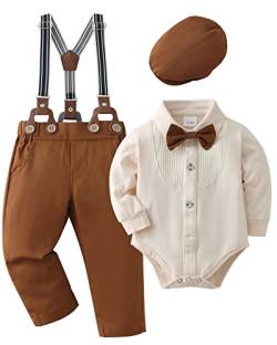 ZOEREA 4tlg Baby Jungen Kleidung Set Taufbekleidung Strampler mit Fliege + Hosenträge Baby Bekleidungssets Gentleman Anzug für Festliche Hochzeit Beige,0-3 Monate von ZOEREA