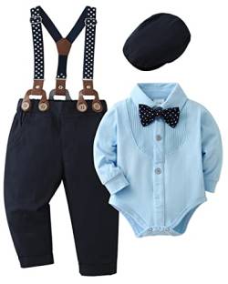 ZOEREA 4tlg Baby Jungen Kleidung Set Taufbekleidung Strampler mit Fliege + Hosenträge Baby Bekleidungssets Gentleman Anzug für Festliche Hochzeit Blau,12-18 Monate von ZOEREA