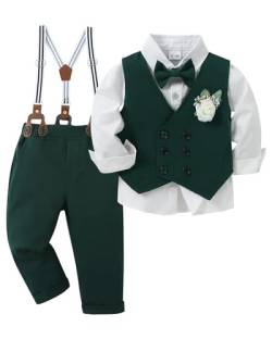 ZOEREA Baby Jungen Bekleidungsset Anzug Gentleman Festliche Taufe Hochzeit Langarm Kleid Hemd + Bowtie + Weste + Boutonniere + Hosenträge Grün,18-24 Monate von ZOEREA