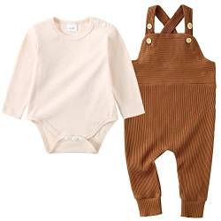 ZOEREA Baby Jungen Bekleidungssets Neugeborenes Baby Kleidung Baumwolle Langarm Streifen Strampler + Latzhose Hose Outfits Set Beige,6-12 Monate von ZOEREA