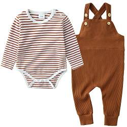 ZOEREA Baby Jungen Bekleidungssets Neugeborenes Baby Kleidung Baumwolle Langarm Streifen Strampler + Latzhose Hose Outfits Set Braun,3-6 Monate von ZOEREA