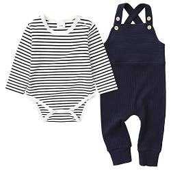 ZOEREA Baby Jungen Bekleidungssets Neugeborenes Baby Kleidung Baumwolle Langarm Streifen Strampler + Latzhose Hose Outfits Set Dunkelblau,0-3 Monate von ZOEREA