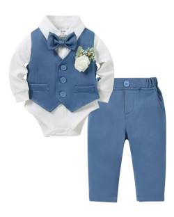 ZOEREA Baby Jungen Gentleman Anzug, Kleinkind Hochzeit Taufe Festliche Langarm Strampler Hemd + Fliege + Weste + Korsage + Hosenträge Blau, 0-3 Monate von ZOEREA