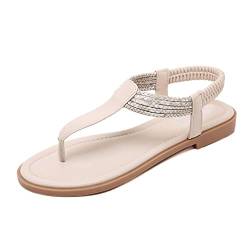 ZOEREA Damen Sandalen Flach, Bohemia Sommer Zehentrenner PU Leder Klassisch Strand Sandalen,Stil 2 Beige,38 EU (Etikette 39/245) von ZOEREA