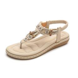 ZOEREA Damen Sandalen Flach Bohemia Sommer Zehentrenner PU Leder Klassisch Strand Sandalen Stil 5 Beige,37 EU von ZOEREA