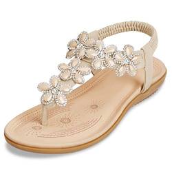 ZOEREA Damen Sandalen Sommer Flach Sandals, Frauen Bohemia Strass Sandals PU Leder Elastischen Strand Sommerschuhe Zehentrenner Beige,39 von ZOEREA