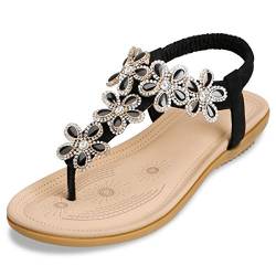 ZOEREA Damen Sandalen Sommer Flach Sandals, Frauen Bohemia Strass Sandals PU Leder Elastischen Strand Sommerschuhe Zehentrenner Schwarz,36 von ZOEREA