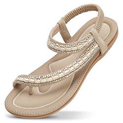 ZOEREA Damen Sandalen Sommer Flach Sandals Frauen Bohemia Strass Sandals PU Leder Elastischen Strand Sommerschuhe Zehentrenner Stil 4 Beige, 43 EU von ZOEREA