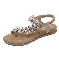 ZOEREA Damen Sandalen Sommer Flach Sandals Frauen Bohemia Strass Sandals PU Leder Elastischen Strand Sommerschuhe Zehentrenner Stil 5 Beige, 37 EU von ZOEREA