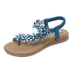 ZOEREA Damen Sandalen Sommer Flach Sandals Frauen Bohemia Strass Sandals PU Leder Elastischen Strand Sommerschuhe Zehentrenner Stil 5 Blau, 40 EU von ZOEREA