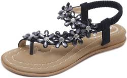 ZOEREA Damen Sandalen Sommer Flach Sandals Frauen Bohemia Strass Sandals PU Leder Elastischen Strand Sommerschuhe Zehentrenner Stil 5 Schwarz, 37 EU von ZOEREA