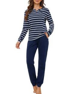 ZOEREA Schlafanzug Damen Pyjama Set Lang Zweiteiliger Nachtwäsche V-Ausschnitt Elastischer Bund Langarm Hausanzug mit Karierte Hose für Frühling Herbst Marineblau, S von ZOEREA