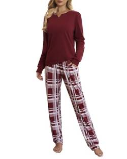 ZOEREA Schlafanzug Damen Pyjama Set Lang Zweiteiliger Nachtwäsche V-Ausschnitt Elastischer Bund Langarm Hausanzug mit Karierte Hose für Frühling Herbst Rot, S von ZOEREA