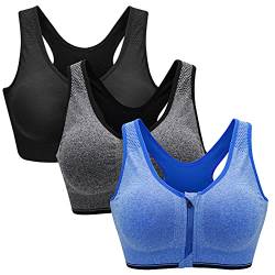 ZOEREA Sports BH Damen Push Up Zip Front, 3er Pack Impact Yoga Bra Schwarz Grau und Blau,4XL von ZOEREA