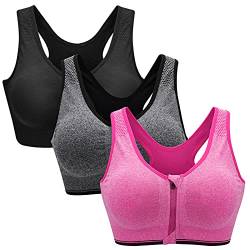 ZOEREA Sports BH Damen Push Up Zip Front, 3er Pack Impact Yoga Bra Schwarz Grau und Rot,3XL von ZOEREA