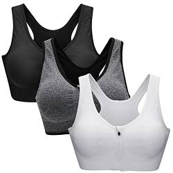 ZOEREA Sports BH Damen Push Up Zip Front, 3er Pack Impact Yoga Bra Schwarz Grau und Weiß,3XL von ZOEREA