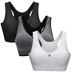 ZOEREA Sports BH Damen Push Up Zip Front, 3er Pack Impact Yoga Bra Schwarz Grau und Weiß,XXL von ZOEREA