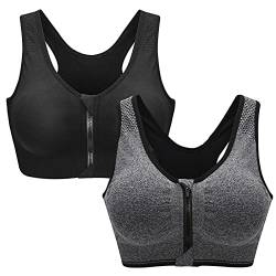 ZOEREA Sports BH Damen Push Up Zip Front, 3er Pack Impact Yoga Bra Schwarz und Grau,XL von ZOEREA