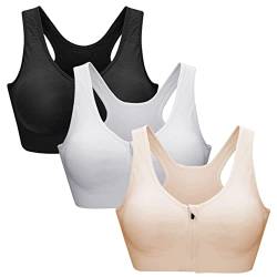 ZOEREA Sports BH Damen Push Up Zip Front Impact Yoga Bra (XXL, Schwarz+Weiß+Beige) von ZOEREA