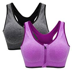 ZOEREA Sports BH Damen Push Up Zip Front Impact Yoga Bra Grau und Lila,2XL von ZOEREA