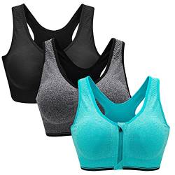 ZOEREA Sports BH Damen Push Up Zip Front Impact Yoga Bra Schwarz,grau und Grün,4XL von ZOEREA