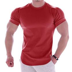 Männer Sommer T-Shirts Hochelastisch Slim Fit T-Shirt Männer Gebogener Saum Herren T-Shirts Einfarbig for Outdoor-Sportarten (Color : Red, Size : M) von ZOKOL